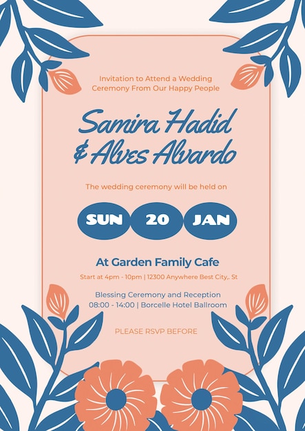 PSD blue flowers wedding invitation