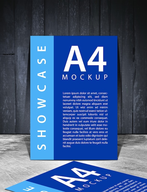 PSD mockup di poster volantino blu con vecchia struttura in legno nero