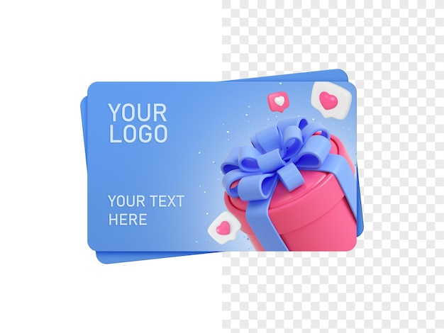 PSD blue gift certificate or discount card with pink gift box and like pin 3d illustration