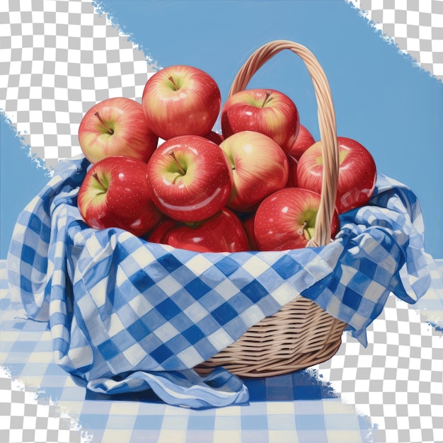 マッキントッシュのリンゴのバスケットを覆う青いギンガム布の透明な背景