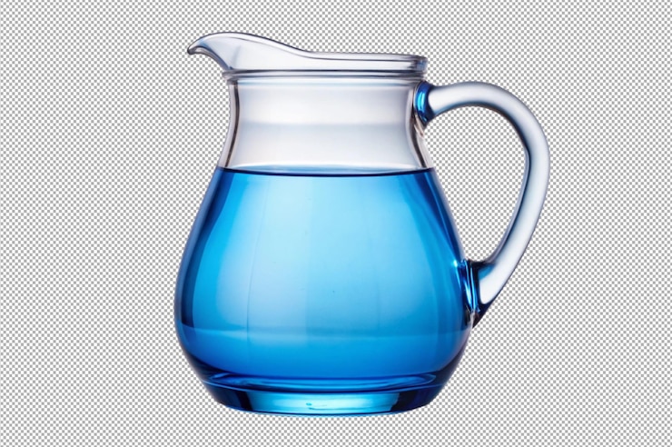 PSD blue glass pitcher or jug halfway filled with water resting on counter