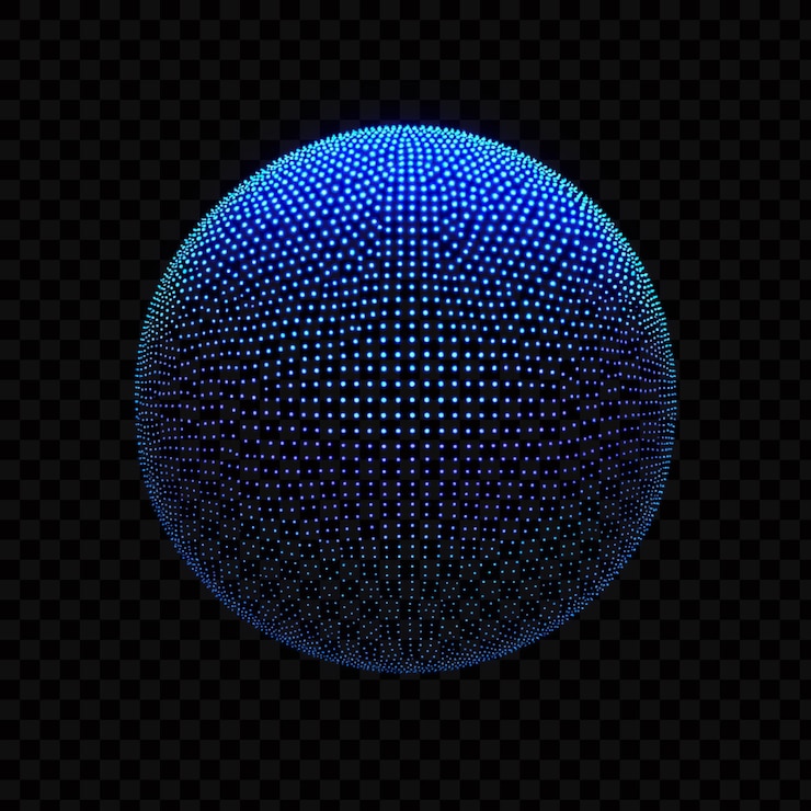 PSD blue glowing digital sphere made of small dots on transparent background