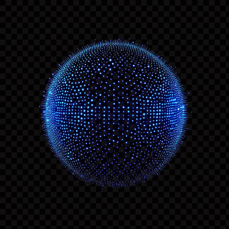 PSD blue glowing digital sphere made of small dots on transparent background