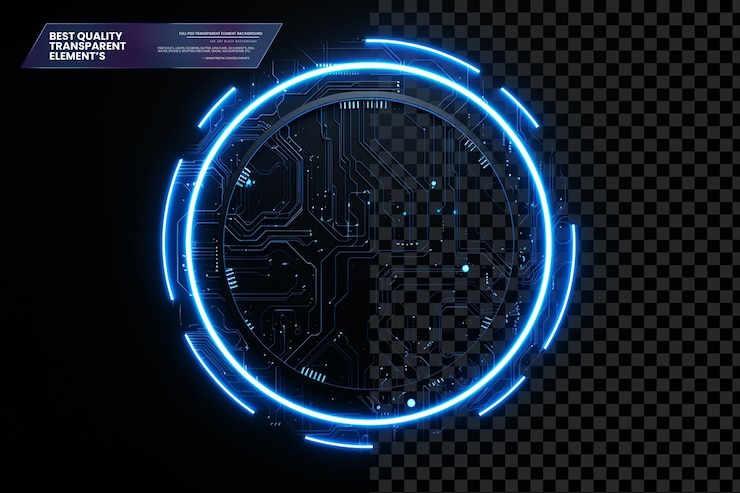 PSD blue glowing futuristic circle with circuit board elements on transparent background