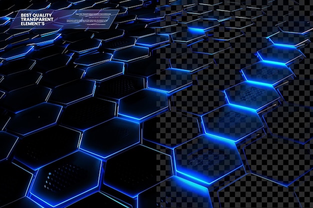 blue glowing light background with hexagon grid techno on transparent background