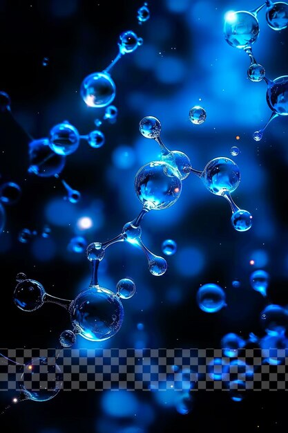 Blue glowing water molecules on dark blue on transparent background