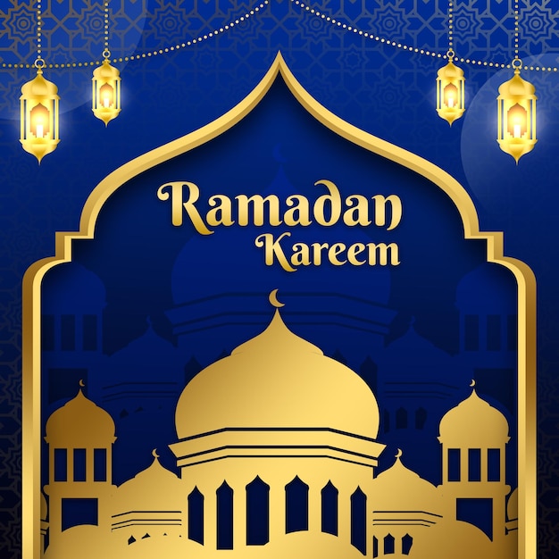 a blue and gold poster with a picture of a mosque and lights hanging from the ceiling.