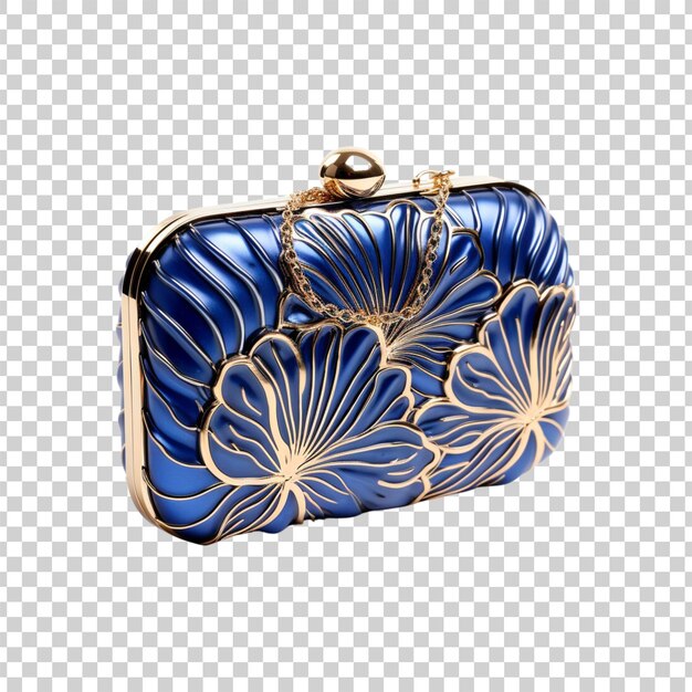 PSD blue and gold purse with flowers on a transparent background
