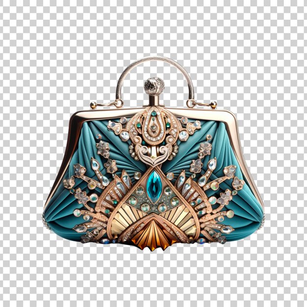 PSD blue and gold purse with flowers on a transparent background