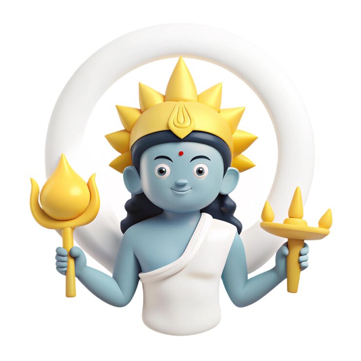 PSD a blue and gold statue of a god holding a gold horn
