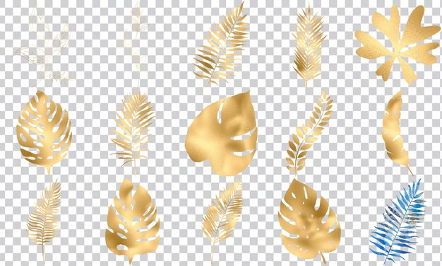 PSD blue and gold tropical leaves clipart