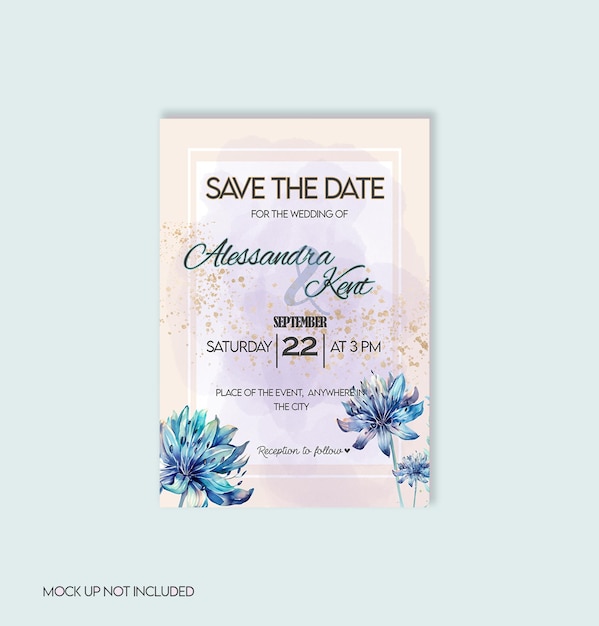 A blue and gold wedding invitation with blue flowers on it.