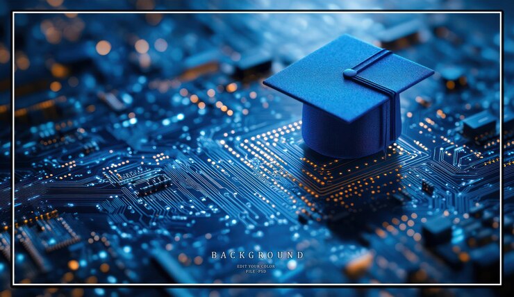 PSD a blue graduation cap rests on a circuit board representing the intersection of education