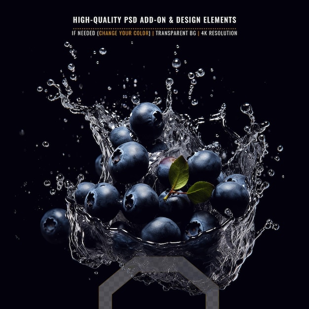 PSD Голубой виноград в брызге воды на прозрачном фоне