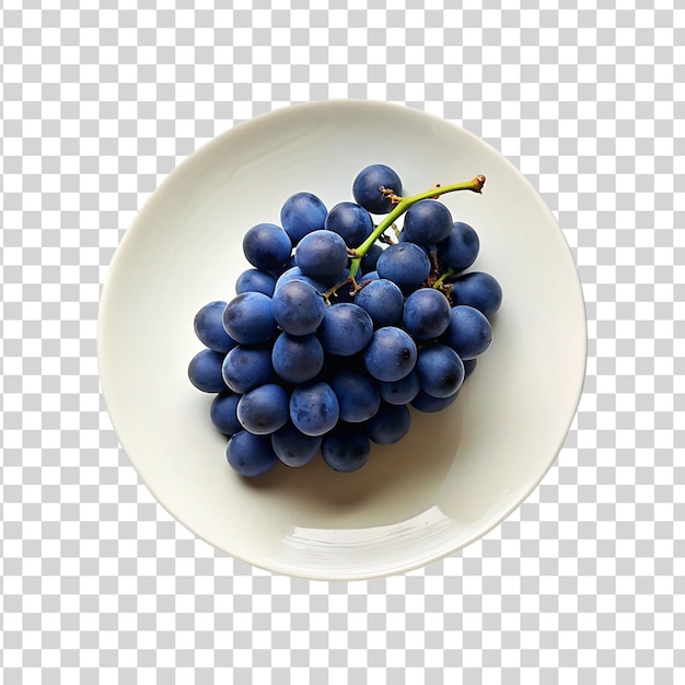 Blue grapes on white plate isolated on transparent background