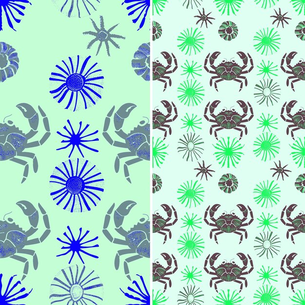 a blue and green background with a pattern of flowers and the words crab