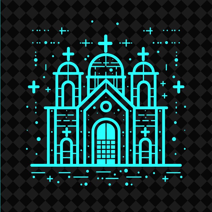 PSD a blue and green church with a cross on the top