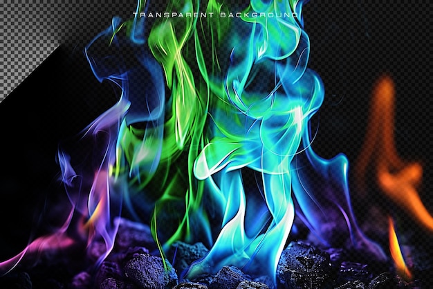 PSD a blue and green fire flame smoke in transparent background