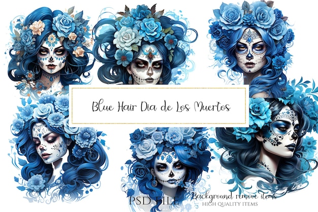 PSD blue hair day of the dead clipart