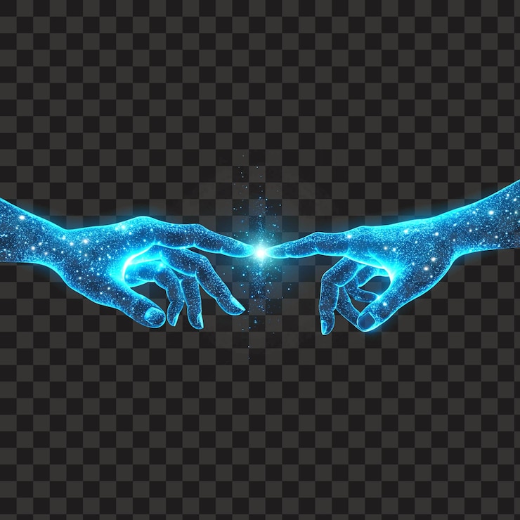 PSD blue hands touching spark of light with cosmic stardust isolated png transparent background