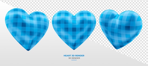 Blue heart in 3d render in different perspectives with transparent background