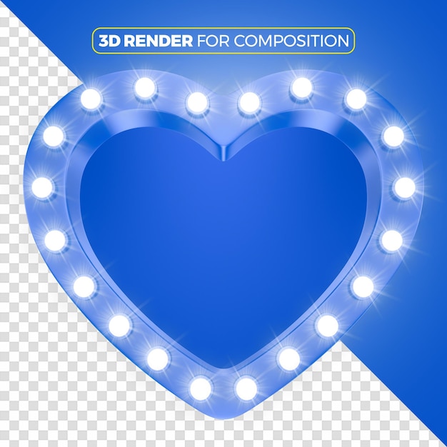 Blue heart with lights 3d render isolated for composition 2