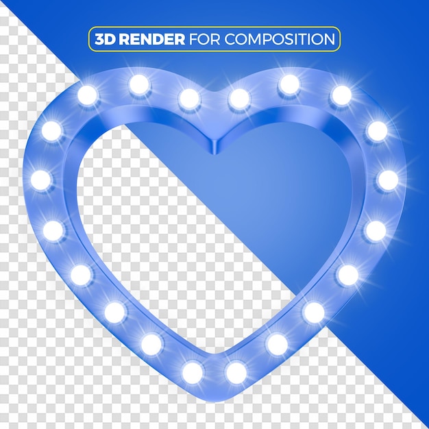 불빛과 함께 파란 심장 3d 렌더링은 구성에 고립됩니다.