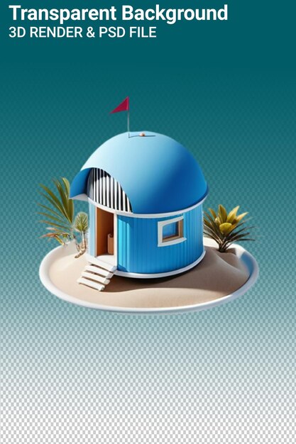 PSD a blue house on a beach with palm trees and a blue sky background