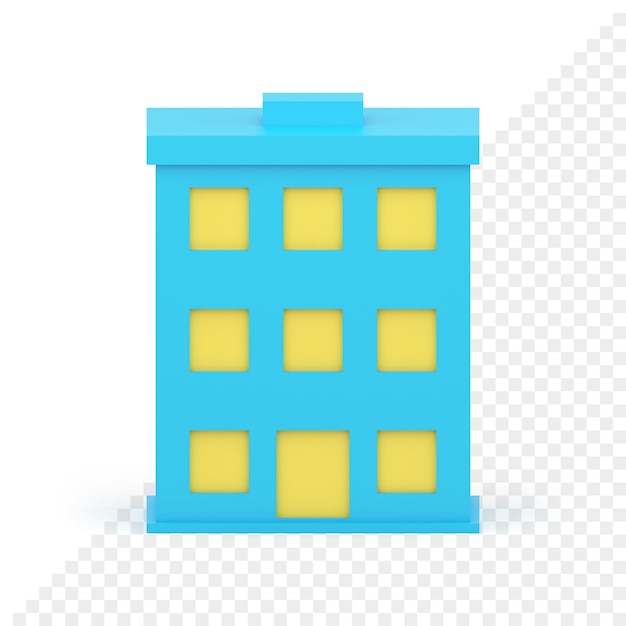 Blue house building with yellow windows and entrance front view realistic 3d icon