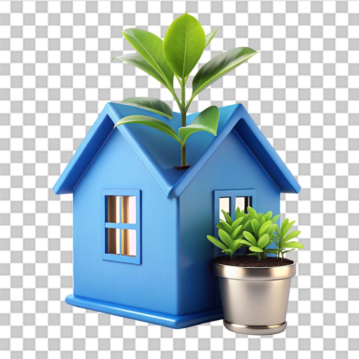 PSD blue house with a green plant isolated on transparent background