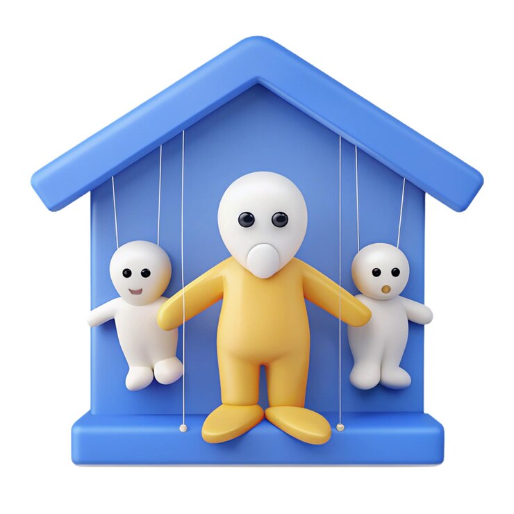 PSD a blue house with three small white dolls in front of it