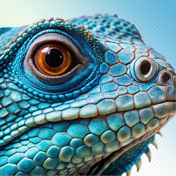 PSD blue iguana closeup eyes on transparent background