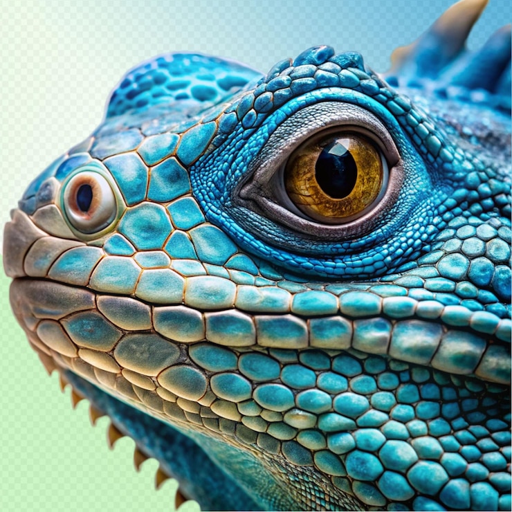 PSD blue iguana closeup eyes on transparent background