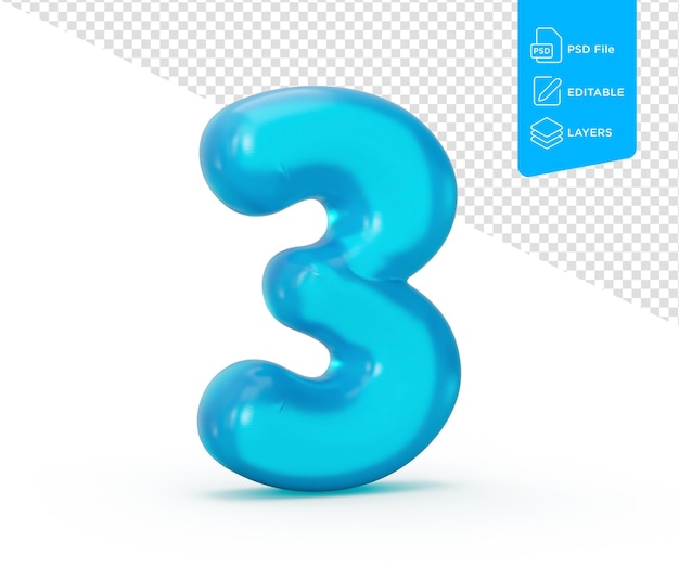 Blue jelly digit 3 three on white background jelly colorful number for kids 3d illustration