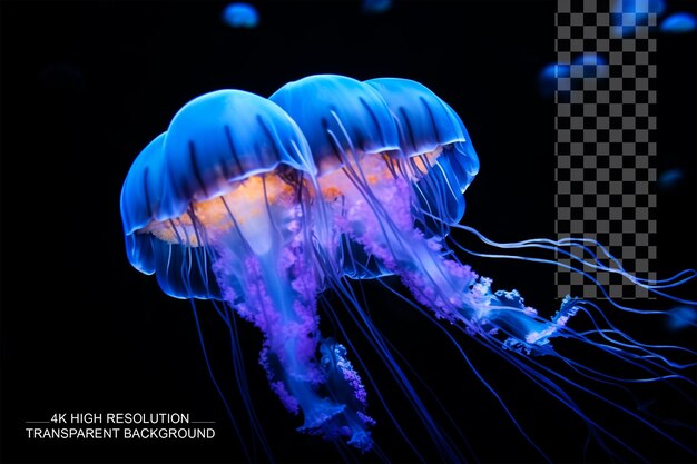 PSD blue jellyfish on a black backgroundmacro photograph on transparent background