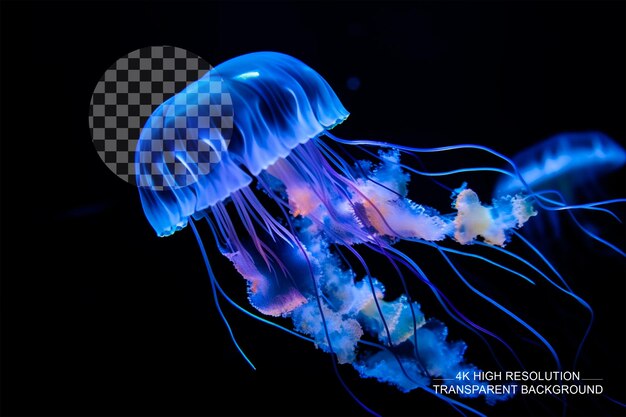 PSD blue jellyfish on a black backgroundmacro photograph on transparent background