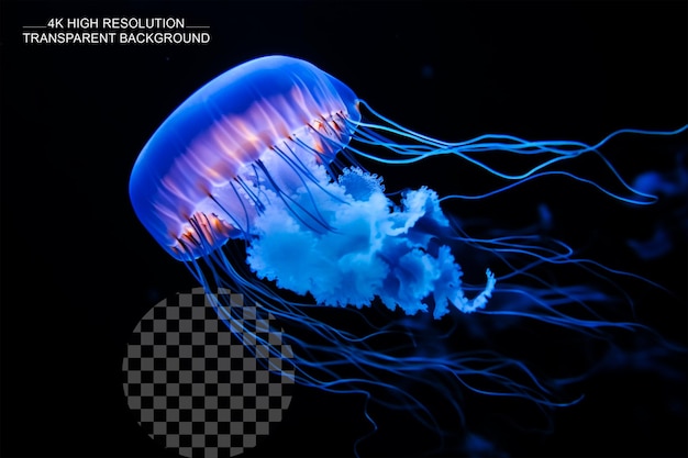 PSD blue jellyfish on a black backgroundmacro photograph on transparent background