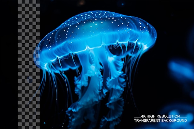 PSD 黒い背景の青い水母 透明な背景のマクロ写真