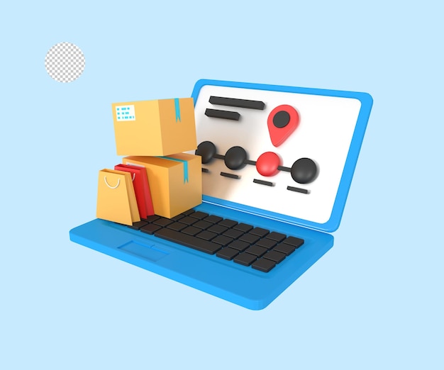 PSD a blue laptop with a map and boxes on it