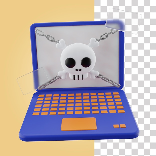 PSD a blue laptop with a skull on the front and a chain around it.