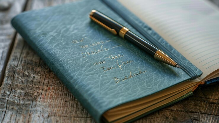 PSD a blue leatherbound journal with a gold pen lying on a wooden surface the journal is open to a blank page with handwritten text on the left page
