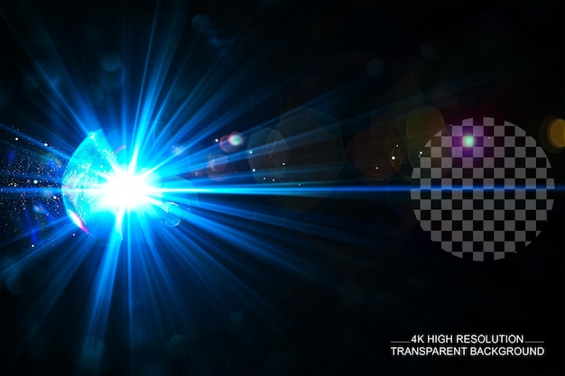 Blue lens flare with colorful glowing effect on transparent background