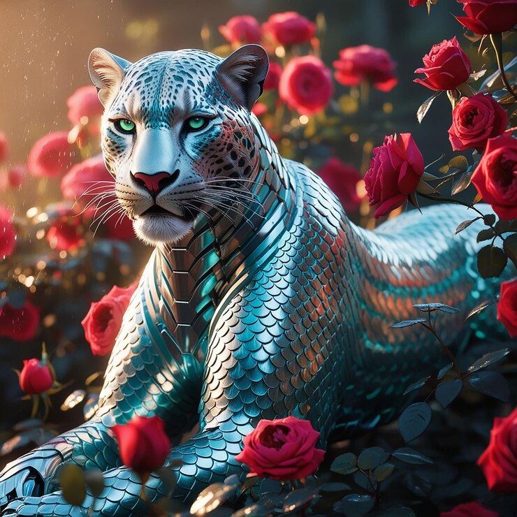 PSD a blue leopard laying on a pile of roses