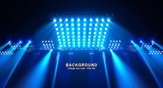 A blue light illuminates the stage with three rows of stadium lights on both sides product display