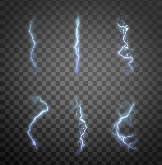 Blue lightning collection on transparent background