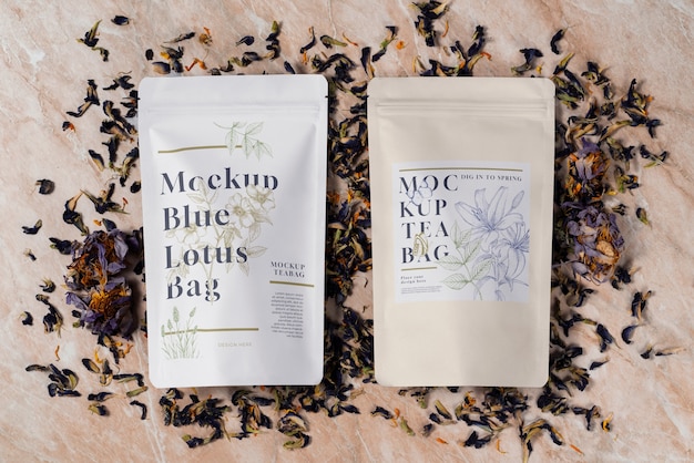 PSD blue lotus tea packaging mockup