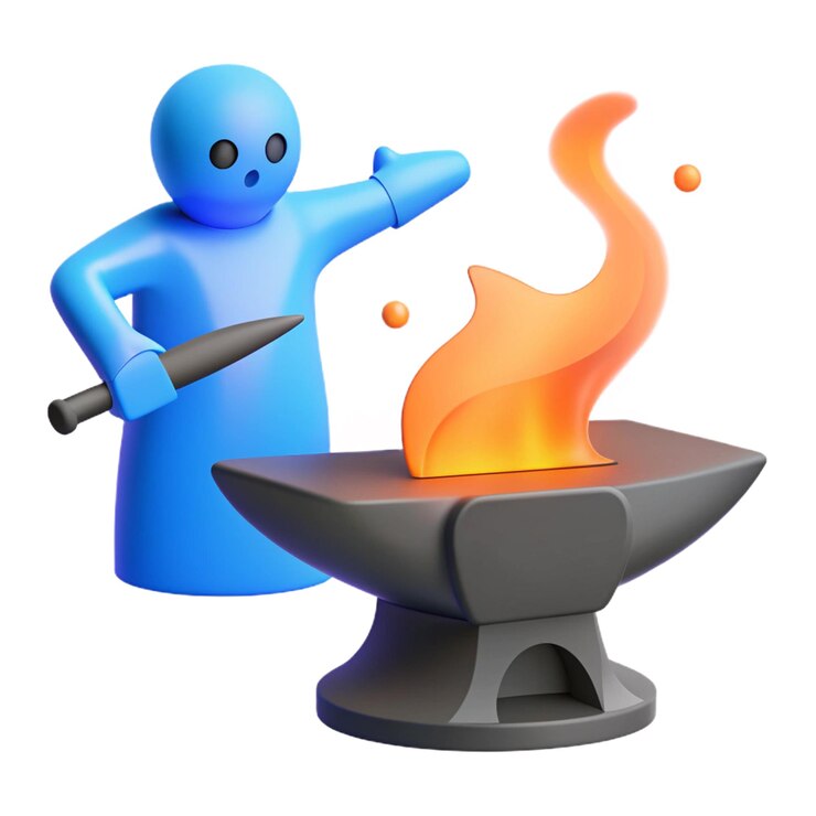 PSD a blue man cooking a hot grill with flames on it
