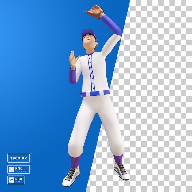 Blue man in position about to catch a baseball in baseball game 3d illustration