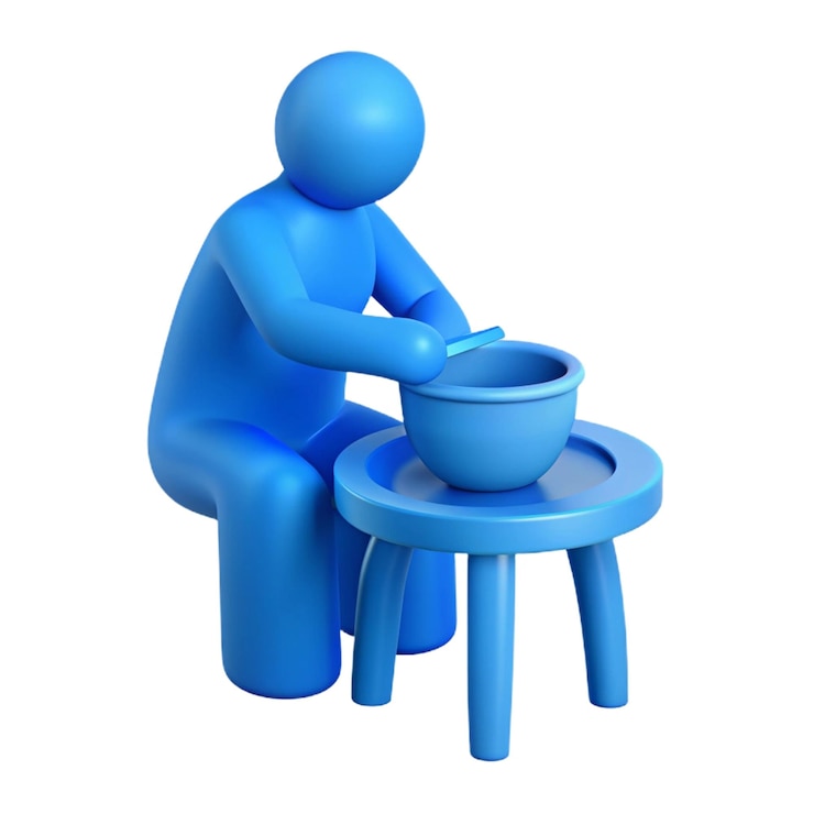 PSD a blue man sitting at a table with a bowl of soup on it