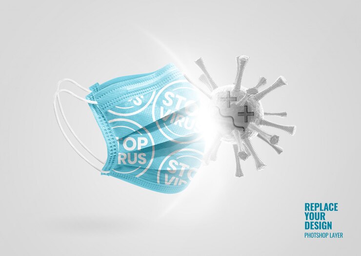 PSD blue mask mockup with virus advertising